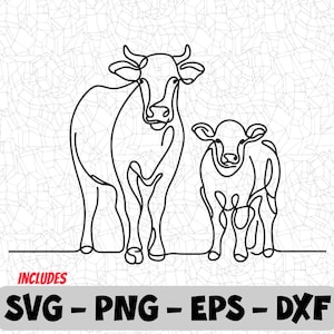 Cow and Calf Line Art SVG | Farm Animal Outline Clipart Png | EPS, DXF for Cricut, Silhouette, and Sublimation Crafts