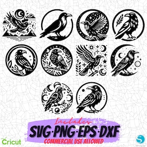 May include: Set of ten black and white digital downloads featuring crow illustrations with moon, stars, and other celestial elements. The text "Includes SVG PNG EPS DXF Commercial Use Allowed" is at the bottom of the image.
