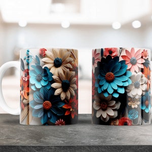 3D Cute Floral Sublimation design for 12oz & 15oz Coffee Mugs, Ceramic Mug Design, Cricut Press, Colorful Floral Artwork, Png Wrap Image