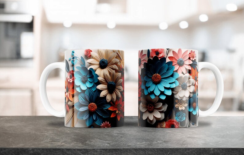 3D Cute Floral Sublimation Design for 12oz & 15oz Coffee Mugs, Ceramic ...