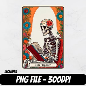 Die Leser-Tarot-Karte PNG, Skelett-Sublimationsdesign, lustiges Schädel-Tarot, T-Shirt-PNG, Becher-Design, Einkaufstasche PNG-Datei