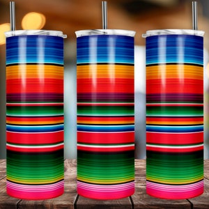 May include: Three stainless steel tumblers with a colorful Mexican serape pattern. The tumblers are all the same size and have a lid and a straw.