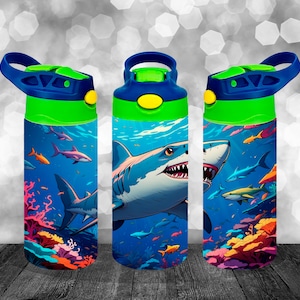 Vaso con tapa abatible para niños Shark de 12 oz, vaso recto de 120 oz, sublimación PNG, diseño de vaso para niños