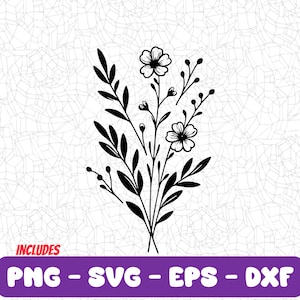 Diseño SVG de arte lineal de flores para camisetas, calcomanías, tazas y más: PNG, EPS, tatuaje, ramo floral minimalista