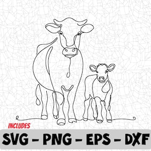 Lijntekeningen SVG, koe en kalf | Boerderij dieren overzicht clipart png | EPS, DXF voor Cricut, Silhouette en Sublimation Crafts