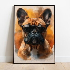 Französische Bulldogge druckbare Wandkunst, 18x24 Zoll Digitaldruck, Kinderzimmer Dekor, Bürodekor, Aquarell Akzent Kunstwerk, niedlicher Hund mit Brille