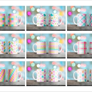 May include: Set of nine colorful ceramic mugs with various Easter-themed patterns. The mugs feature designs like hearts, bunnies, stripes, and plaid.