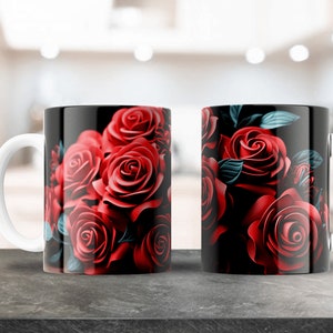 3D Roses Sublimation Design, Coffee Mug PNG Image, Includes 12oz & 15oz Artwork, Cute Floral Pattern, Colorful, Gift For Her, Mug Press