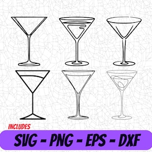 Pode incluir: Seis desenhos de linha preto e branco de copos de martini. Os copos têm todos a mesma forma, mas estão dispostos em diferentes posições. Os desenhos são simples e elegantes.