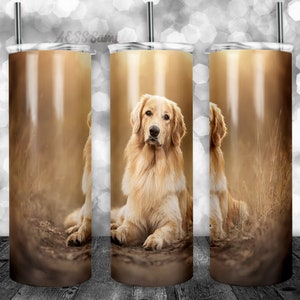 Design de copo Golden Retriever, design de sublimação, copo magro de 20 onças, envoltórios de copo, modelo de copo, design inovador, loja de copos, cachorro