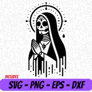 Santa Muerte betendes Skelett SVG | Gothic Tag der Toten Design in PNG, Eps, DXF | Skelett-Kunst für Cricut und Silhouette