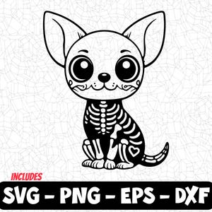 Adorable Skeleton Dog SVG | Kawaii Chihuahua Skeleton Clipart PNG, Eps, DXF | Halloween Pet-Themed Design for Cricut and Silhouette