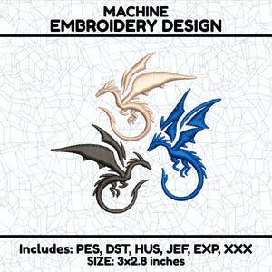 May include: Machine embroidery design featuring three dragons in different colors: black, white, and blue. The dragons are stylized and have wings and tails. The design is 3 inches wide and 2.8 inches tall. Includes PES, DST, HUS, JEF, EXP, XXX file formats.