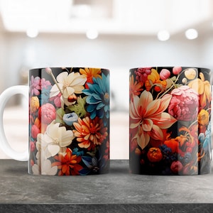 3Dマグカップデザイン | 12オンスと15オンスのコーヒー用セラミックマグ用の花PNG昇華デザイン、