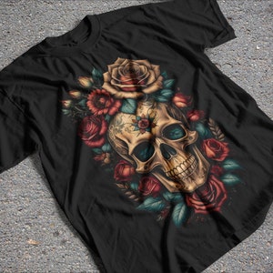 T-shirt motif tête de mort, motif fleurs en demi-teinte, peut également être utilisé pour la sublimation, le DTG, la sérigraphie et plus encore ! Conception de chemise DTF PNG