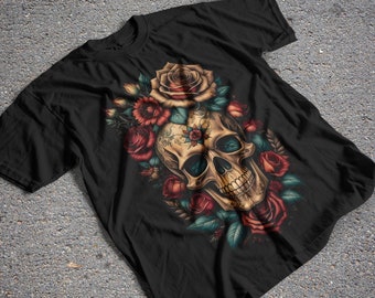 Design di t-shirt con teschio, design di magliette a mezzitoni con fiori, può essere utilizzato anche per sublimazione, DTG, serigrafia e altro ancora! Design della maglietta PNG DTF