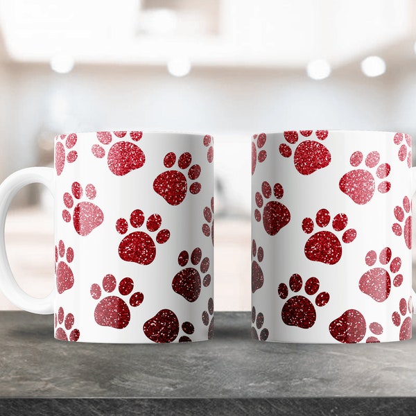 Rote Hundepfoten Sublimationsdesign, Kaffeetasse PNG-Bild, Enthält 12 Unzen & 15 Unzen Kunstwerk, Tassenpresse, Niedliche Hundemama-Tasse, Bunter Glitzer