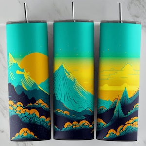 Design de copo de paisagem de montanha, design de sublimação, copo magro de 20 onças, envoltório de vinil, novidade PNG, loja de copos, uso comercial, camping