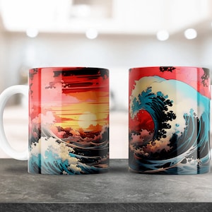 May include: Two white ceramic mugs with a Japanese wave design. One mug features a red and blue wave with a red sun, while the other mug features a sunset with a wave in the foreground.