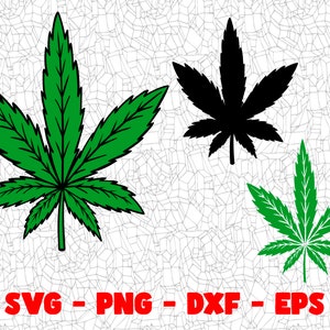 Peut inclure: Trois versions différentes d'une feuille de marijuana verte. La première est une feuille verte en couleur pleine, la deuxième est une silhouette noire et la troisième est une feuille vert foncé.