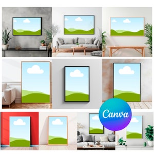 May include: A collection of digital art prints featuring a simple landscape design with green hills, a blue sky, and a white cloud. The prints are displayed in various mockups, including a living room with a sofa and coffee table, a bedroom with a bed and bedside table, and a home office with a desk and chair.