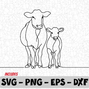 かわいい牛と子牛の線画 SVG | 農場の動物のアウトライン クリップアート PNG | Cricut、Silhouette、昇華クラフト用の EPS、DXF