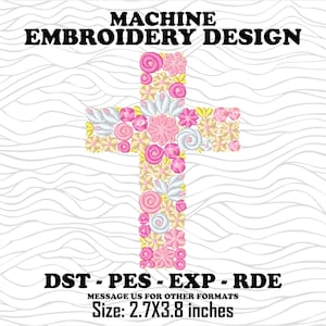 Pode incluir: Design de bordado de máquina de uma cruz feita de flores rosa e brancas. O design está disponível nos formatos DST, PES, EXP e RDE. O design mede 2,7 polegadas de largura e 3,8 polegadas de altura.