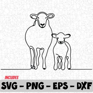 Fattoria pecore e agnelli Line Art SVG / Minimalista fattoria animali Clipart / PNG, EPS, Dxf per Cricut, Silhouette e Sublimazione