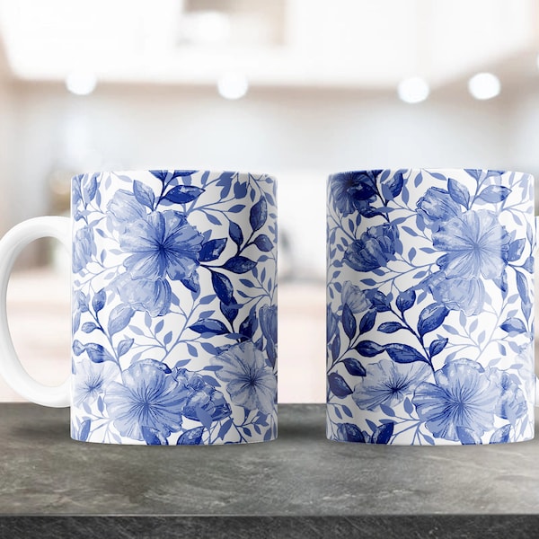 Blue Floral Mug Design, Sublimation design for 11oz & 15oz Mugs, Coffee Mug Design, Mug Shop, PNG Sublimation Design, Flower Pattern Design