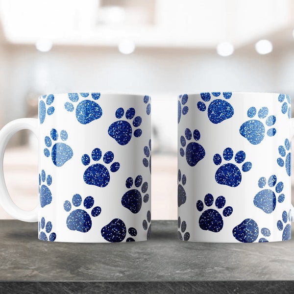 Blue Dog Paws Sublimation Design, Coffee Mug PNG Image, Includes 12oz & 15oz Artwork, Mug Press, Cute Dog Mom Cup, Colorful Glitter