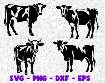 牛の SVG、カッティング ファイル、Png Eps Dxf デジタル クリップアート、ビニール デカール、ステッカー、T シャツ、マグカップなどに最適! 農場のロゴ、農場生活、かわいい牛