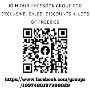 May include: Black and white QR code with a Facebook logo in the centre. The text below the code reads "https://www.facebook.com/groups/1097480187900029".