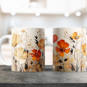 Geel bloemensublimatieontwerp voor 12oz & 15oz koffiemokken, keramische mokontwerp, Cricut Press, Boho Flower Artwork, Minimalistische Png Wrap