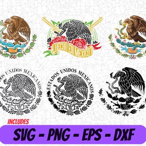 May include: A set of four digital cut files featuring the Mexican coat of arms in various styles. The designs include a color version, a black and white version, and two silhouette versions. The text "HECHO EN MEXICO" is included in one of the designs. The text "ESTADOS UNIDOS MEXICANOS" is included in two of the designs.