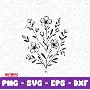 Diseño PNG de arte lineal de flores para camisetas, calcomanías, tazas y más: SVG, EPS, tatuaje, ramo floral minimalista