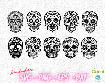 10 Sugar Skulls SVG, Cutting File, Png Pdf Digital Clipart, Great for Viny Decals, Stickers, T-Shirts, Mugs & More! Halloween, Spooky Season