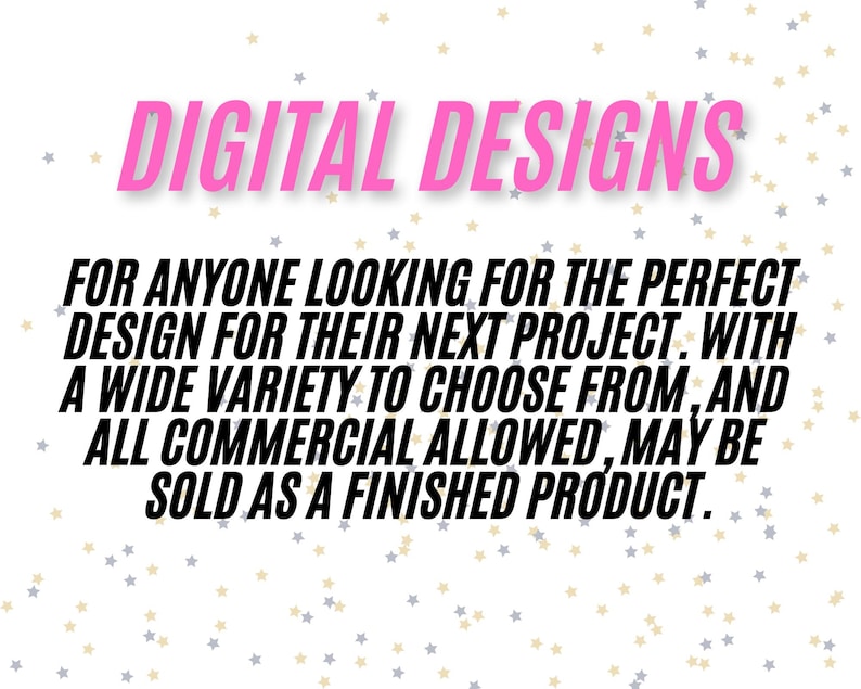 K&ouml;nnte beinhalten: Der Text "Digital Designs" in Pink auf wei&szlig;em Hintergrund mit einer Streuung von goldenen und silbernen Sternen. Der Text lautet: "Digital Designs"  "F&uuml;r alle, die nach dem perfekten Design f&uuml;r ihr n&auml;chstes Projekt suchen. Mit einer gro&szlig;en Auswahl und allen kommerziellen Nutzungen erlaubt, kann als fertiges Produkt verkauft werden."