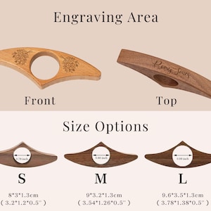 May include: Wooden book page holders with floral engraving and the text "Romy Jones". The image shows front and top views, along with size options: S (3.2"x1.2"x0.5"), M (3.54"x1.26"x0.5"), and L (3.78"x1.38"x0.5").