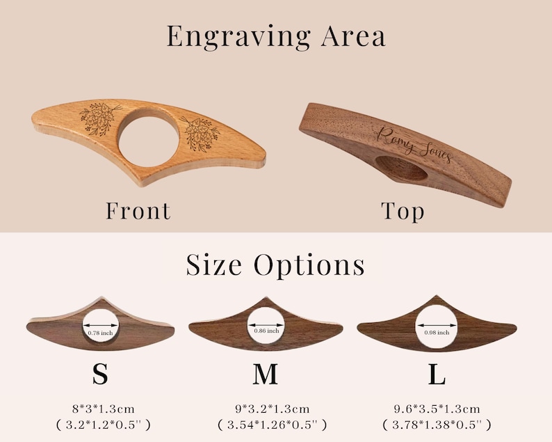 May include: Wooden book page holders with floral engraving and the text "Romy Jones". The image shows front and top views, along with size options: S (3.2"x1.2"x0.5"), M (3.54"x1.26"x0.5"), and L (3.78"x1.38"x0.5").