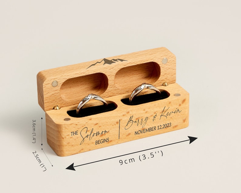 Boîte à bagues de cérémonie de mariage en bois personnalisée, boîte à bagues de fiançailles gravée personnalisée, porte-anneaux rectangle, cadeau d'anniversaire de mariage fantaisie image 9