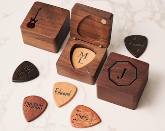 Personalized Guitar Picks, Custom Wooden Guitar Pick Case Box with Engraving, Wood Guitar Pick Organizer Music Gift for Guitarist Musician