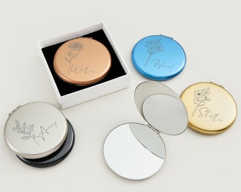 Miroir compact personnalisé en acier inoxydable pour elle, cadeau prénom de demoiselle d'honneur gravé, miroir de maquillage fleurs de naissance personnalisé pour cadeaux d'anniversaire