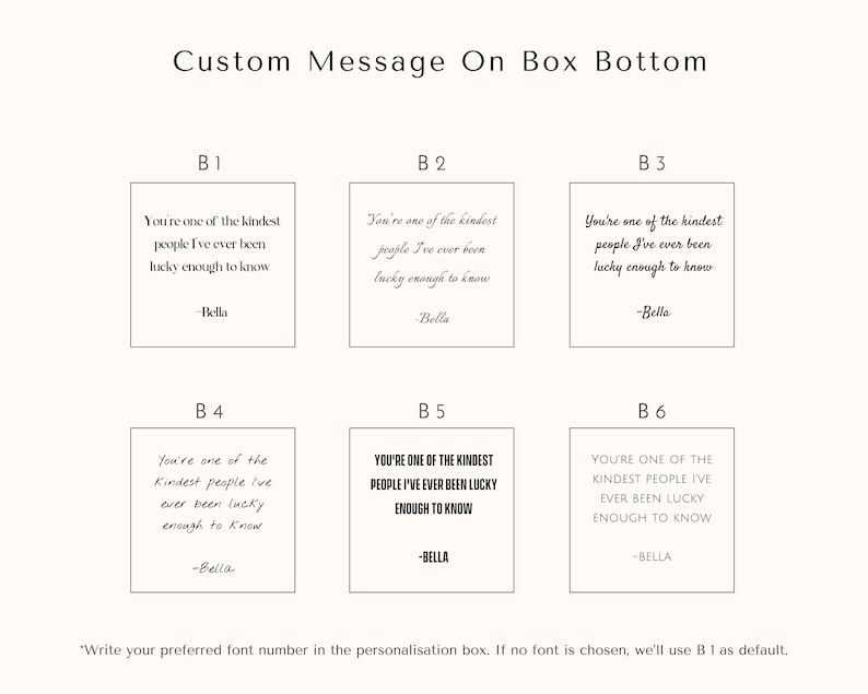May include: A graphic showing six different font styles for a custom message on a box bottom. The message reads "You're one of the kindest people I've ever been lucky enough to know - Bella".