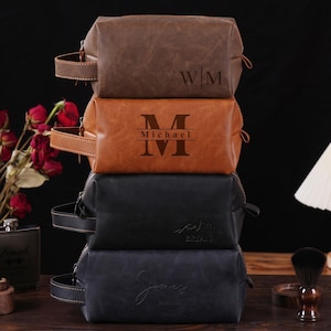 Trousse de toilette personnalisée en cuir, cadeau accessoire de luxe pour lui, kit de voyage personnalisé Dopp pour lui, cadeau personnalisé pour garçons d'honneur, cadeaux pour papa
