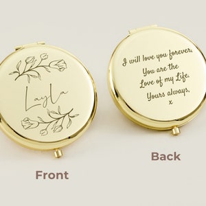 Personalisierter silberner Taschenspiegel als Geschenk für Sie, Geschenk mit Namen der Brautjungfer mit Gravur, individueller Make-up-Spiegel mit Geburtsblumen für Jahrestagsgeschenke Bild 5