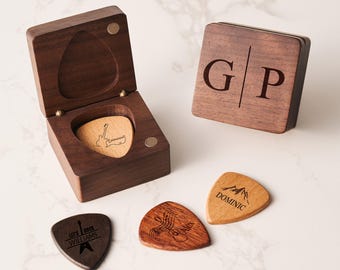 Personalized Guitar Picks, Custom Wooden Guitar Pick Case Box with Engraving, Wood Guitar Pick Organizer Music Gift for Guitarist Musician