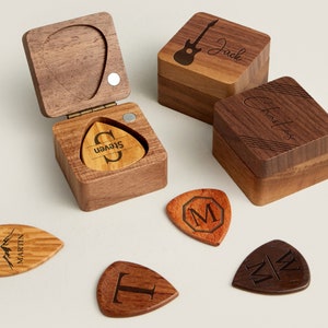 Personalized Guitar Picks, Custom Wooden Guitar Pick Case Box with Engraving, Wood Guitar Pick Organizer Music Gift for Guitarist Musician