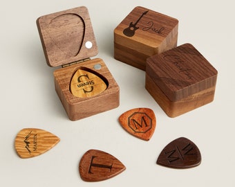 Personalized Guitar Picks, Custom Wooden Guitar Pick Case Box with Engraving, Wood Guitar Pick Organizer Music Gift for Guitarist Musician