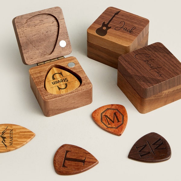 Personalisierte Plektren, benutzerdefinierte Holz Plektrum Koffer Box mit Gravur, Holz Plektrum Organizer Musik Geschenk für Gitarrist Musiker