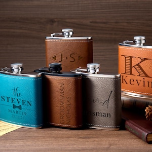 Handmade Engraved Name Leather Flask Set-Perfect Groomsmen Gifts For Him,Personalized Flask Box Set For Christmas Gifts